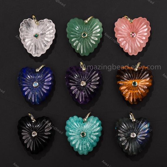 30mm Natural crystal gemstones heart pendant inlaid zircon charms for jewelry pendants, Handmade DIY pendant wholesale.