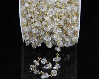 1 meter(3.28 feet) strand,Natural Clear Quartz Crystal Nugget Beads,Gold Plated Wire Wrapped Rosary Chain