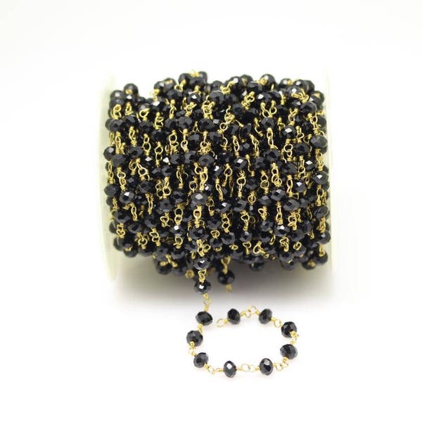 4x6mm, Perles rondelle d’abaque en verre noir à facettes, collier de chapelet Golden Links enveloppé de fil de fer, 3,28 pieds
