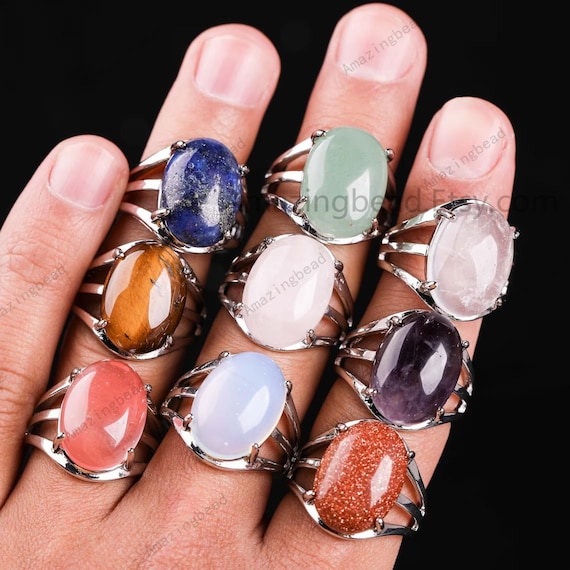 Retro style Silver Oval Gems Cabochon Rings ,Handmade jewelry vintage rings, Silver rings for women, Crystal rings, Boho rings for Gifts .