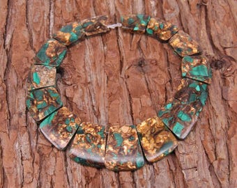 Smooth Brown&Dark Green Impression Jasper Stones Focal Slab Beads,Graduated Emperor Stone Trapezoid Statement Necklace