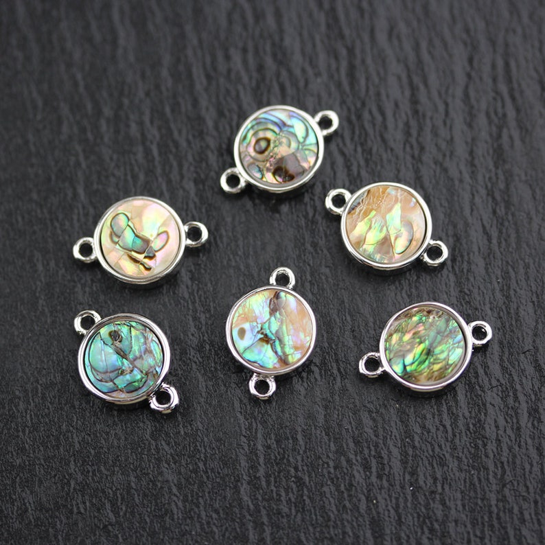 Wholesale Silver Plated Connectors Jewelry Natural Abalone Shell Round Coin Shape Charms Bracelets
