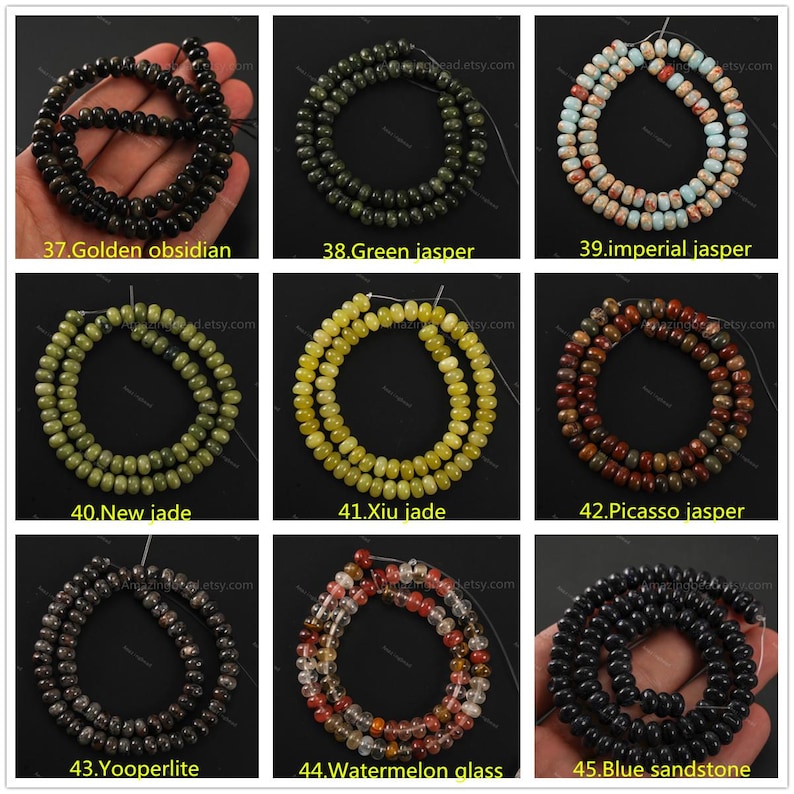 May include: A collection of beaded necklaces in various colors and materials. The image displays strands of golden obsidian, green jasper, imperial jasper, new jade, xiu jade, Picasso jasper, yooperlite, watermelon glass, and blue sandstone.