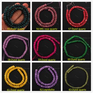 May include: A collection of nine strands of gemstone beads in various colors, including green, pink, red, purple, yellow, and lavender. Each strand is labeled with a number and the type of stone, such as "Dyed quartz" and "Lepidolite".