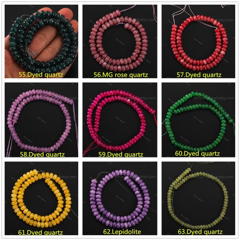 May include: A collection of nine strands of gemstone beads in various colors, including green, pink, red, purple, yellow, and lavender. Each strand is labeled with a number and the type of stone, such as "Dyed quartz" and "Lepidolite".