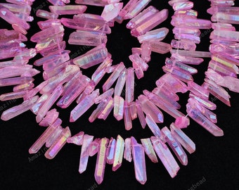 Fushcia Pink Titanium Crystal Stick Point Pendants strand,Crafts Crystal Crowns,Rough Quartz Spike Beads Briolettes Charm for Jewelry Making