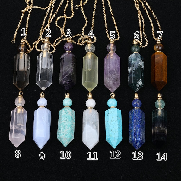 14 Gemstones Perfume Bottle Necklace,Faceted Hexagon Point Pendants,Gold Stainless Steel Chain Beaded Essential Oil Bottle Crystal Necklaces