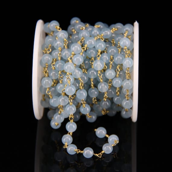 Blue jade facted Round silver plated Rosary Style Beaded Chain wire wrapped chain jade wire wrapped rosary chain
