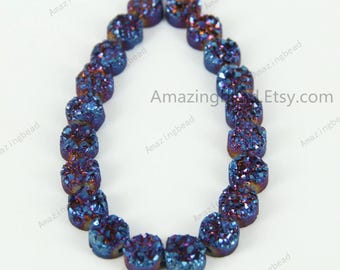 Hot Sale! 10mm&20PCS,Natural Blue Titanium Druzy Agate Geode Flat Round Beads Pendants,Raw Drusy Quartz Gems Coin Cabochons Supplies