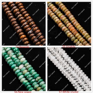 May include: Four strands of gemstone beads are shown. The top left displays brown Bronzite beads. The top right shows Unakite beads in green and orange hues. The bottom left shows green New Jaspre beads. The bottom right shows White Crystal beads.