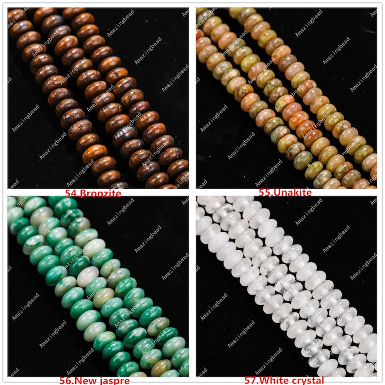 May include: Four strands of gemstone beads are shown. The top left displays brown Bronzite beads. The top right shows Unakite beads in green and orange hues. The bottom left shows green New Jaspre beads. The bottom right shows White Crystal beads.