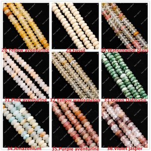 May include: A selection of gemstone bead strands in diverse colours: yellow aventurine, fossil, watermelon glass, pink aventurine, yellow watermelon, green Dalmatian, Amazonium, purple aventurine, and violet jasper. Each strand is labelled.