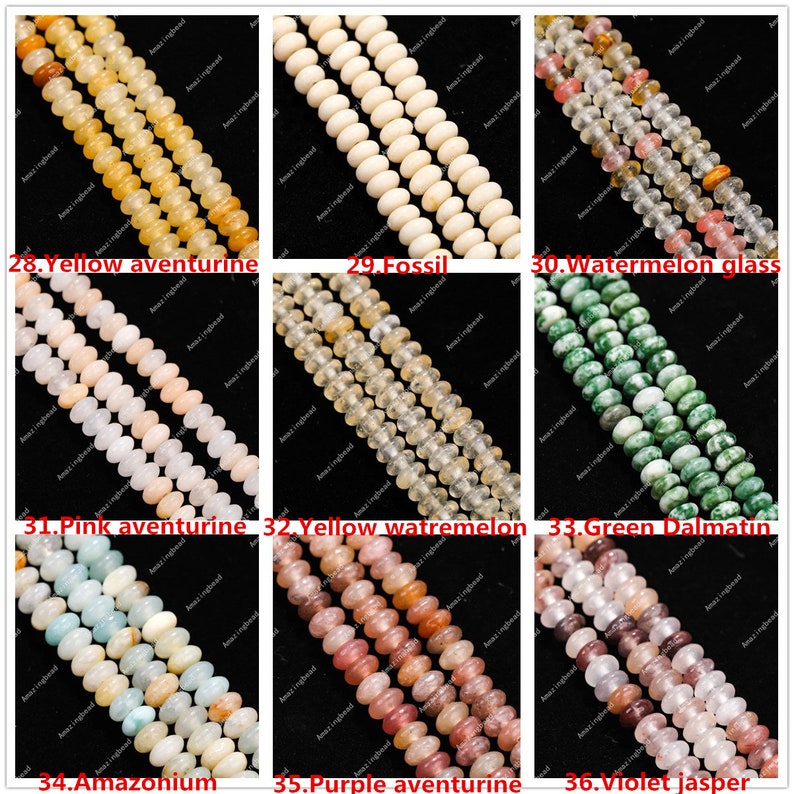 May include: A selection of gemstone bead strands in diverse colours: yellow aventurine, fossil, watermelon glass, pink aventurine, yellow watermelon, green Dalmatian, Amazonium, purple aventurine, and violet jasper. Each strand is labelled.