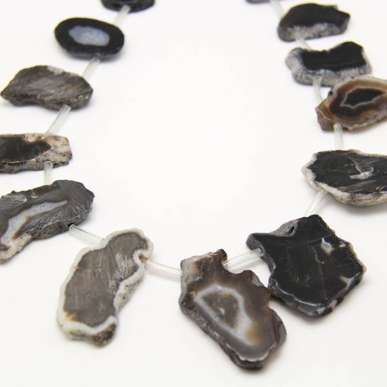 Approx 12-14 PCS,Full Strand,Natural Black Agate Beads in Random Shape Pendant,Top Drilled Gemstone Slab Slice Loose Beads Necklace Making