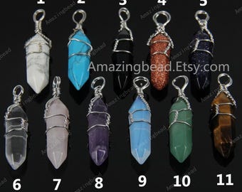 Wholesale Bulk Natural Stones Faceted Hexagon Pendants Jewelry,Plated Silver Wire Wrapped Gems Stick Points Craft Necklace Findings 1-10pcs