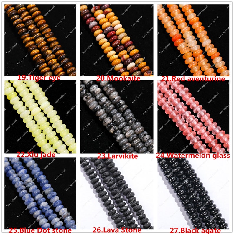 May include: A selection of gemstone beads in diverse colours, such as tiger eye, mookaite, red aventurine, xiu jade, larvikite, watermelon glass, blue dot stone, lava stone, and black agate. Each strand is labelled with its gemstone name.