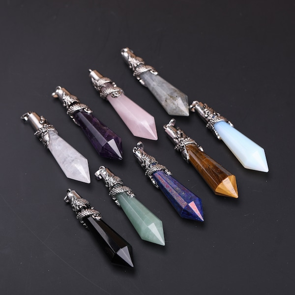 Boho Style Point Pendulum Pendant,Crystal Point Pendant,Faceted Gemstones Beads Spike Points Pendant,Retro Silver Pendant Pendulum Necklace.