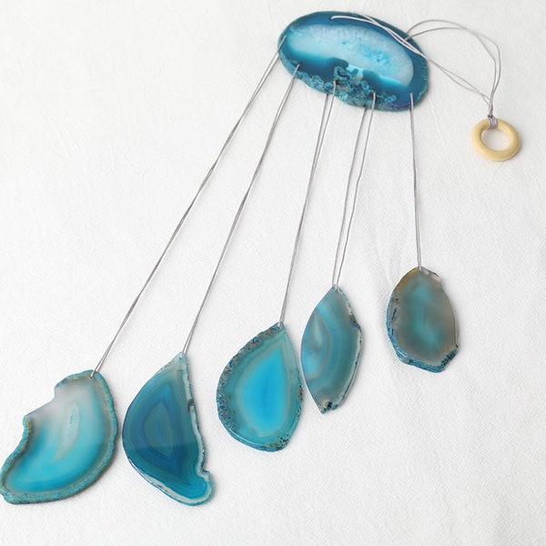 Blue Agate Windchime Agate Slice Wind Chime Gemstone Stone Home Decor Crystal Gift Home Window Eave Decoration