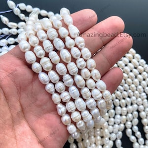 7-8mm Rice Beads Oval Irregularity Straight Hole  Freshwater Pearl Rice Beads Natural Gemstone Rice Beads,Loose Pearl Strand, DIY Jewelry