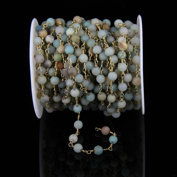 Frosted Natural Blue Amazonite Round Beads Chains,6mm,Rosary Style Plated Golden Wire Wrapped Link Bracelet Necklace
