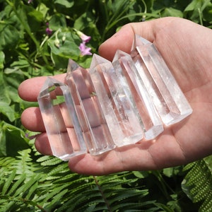 Puede incluir: Una colección de puntas de cristal de cuarzo transparente, cada una con una punta facetada y puntiaguda. Los cristales se sostienen en una mano, con un fondo de follaje verde. Los cristales miden unos 10 cm de largo.