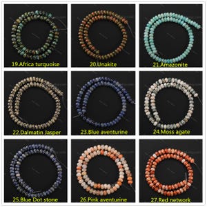 May include: Nine strands of gemstone beads in various colors, including green Africa turquoise, brown Unakite, and blue aventurine. Each strand is labeled with a number and gemstone name, such as "22. Dalmatin Jasper" and "27. Red network."