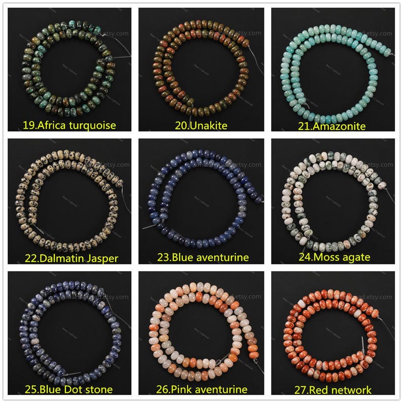 May include: Nine strands of gemstone beads in various colors, including green Africa turquoise, brown Unakite, and blue aventurine. Each strand is labeled with a number and gemstone name, such as "22. Dalmatin Jasper" and "27. Red network."
