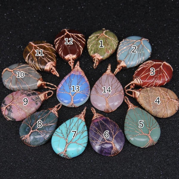 Wholesale Bulk Tree of Life Pendants,Natural Stones Wire Wrapped Teardrop Cabochon Rose Gold Plated Copper Making Necklace Charms,Thick 10mm