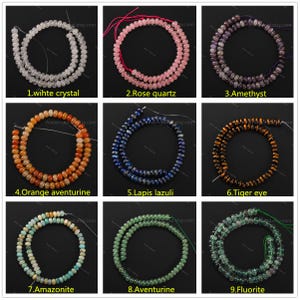 May include: Nine strands of gemstone beads in various colors, including white crystal, rose quartz, amethyst, orange aventurine, lapis lazuli, tiger eye, amazonite, aventurine, and fluorite. Each strand is labeled with its gemstone type.