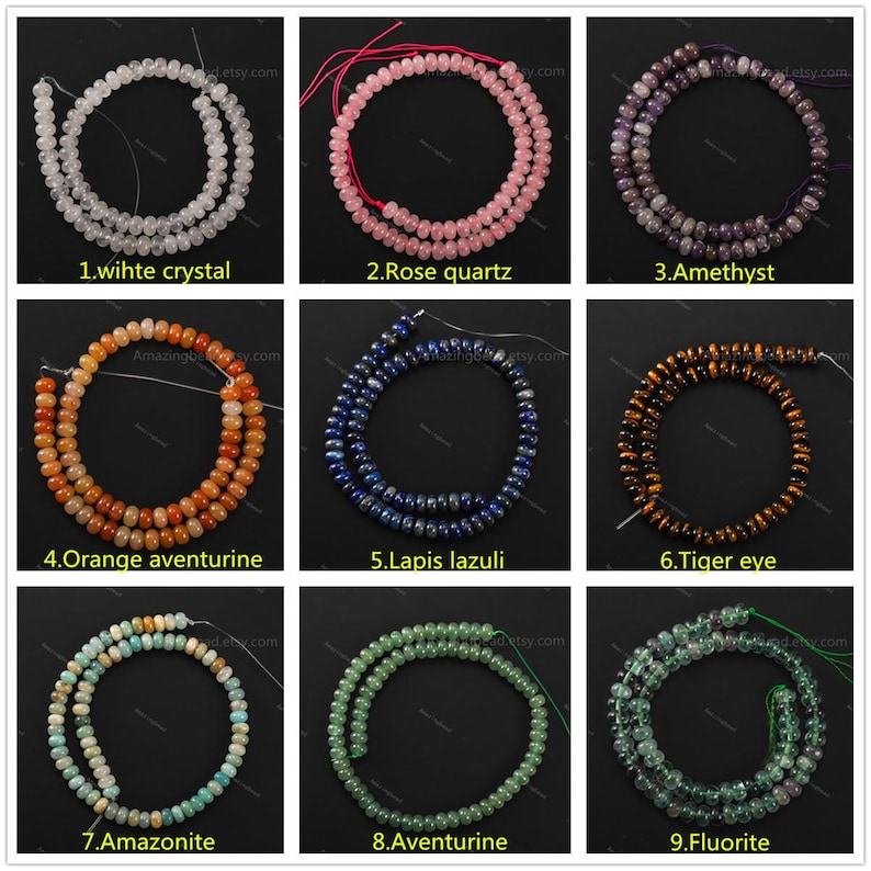 May include: Nine strands of gemstone beads in various colors, including white crystal, rose quartz, amethyst, orange aventurine, lapis lazuli, tiger eye, amazonite, aventurine, and fluorite. Each strand is labeled with its gemstone type.