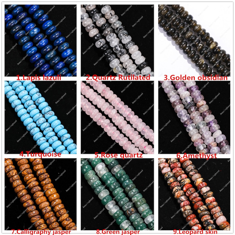 May include: A selection of gemstone beads, featuring Lapis lazuli, Quartz Rutilated, Golden obsidian, Turquoise, Rose quartz, Amethyst, Calligraphy jasper, Green jasper, and Leopard skin. Each strand showcases distinct colours and patterns.