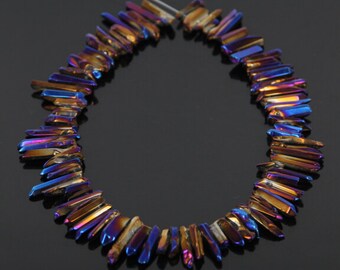 15.5 inches of strand Natural Polished Titanium Blue Raw Quartz Crystal Point Pendants Beads,Top Drilled Rock Quartz Stick Gemstone Necklace
