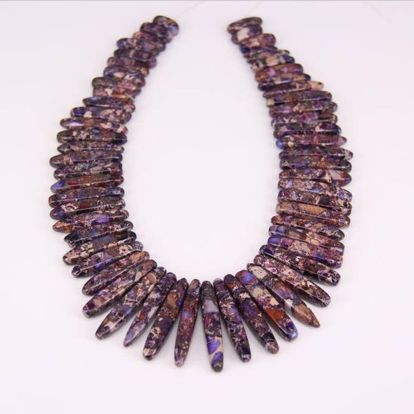 Approx 60pcs,Dark Purple Impression Sea Sediment Jasper Briolette Beads Pendant,Graduated Smooth Emperor Stone Drop Sticks Beads Necklace
