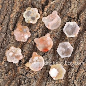 Cherry Agate Flower Decor,Hand Carving Jewelry Blosson Agate Stone Cat Head,Hexagon,Flower Shape Desk Pocket Gifts,Sakura Agate Beads