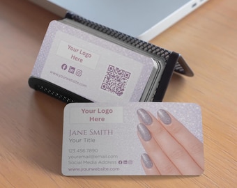 Plantilla de tarjeta de presentación para salón de uñas / Lavanda con purpurina (Canva editable) / Descarga instantánea