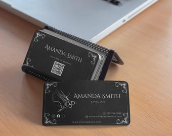 Plantilla de tarjeta de presentación de peluquero, tarjeta de presentación imprimible, diseño gótico y minimalista, tarjeta editable, descarga instantánea, digital