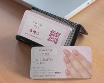 Plantilla de tarjeta de presentación para salón de uñas / Brillantina rosa, Canva editable (descarga instantánea)