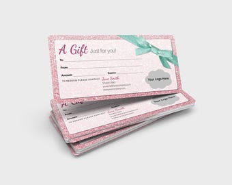 Plantilla de vale de regalo con purpurina rosa, diseño imprimible (descarga digital)