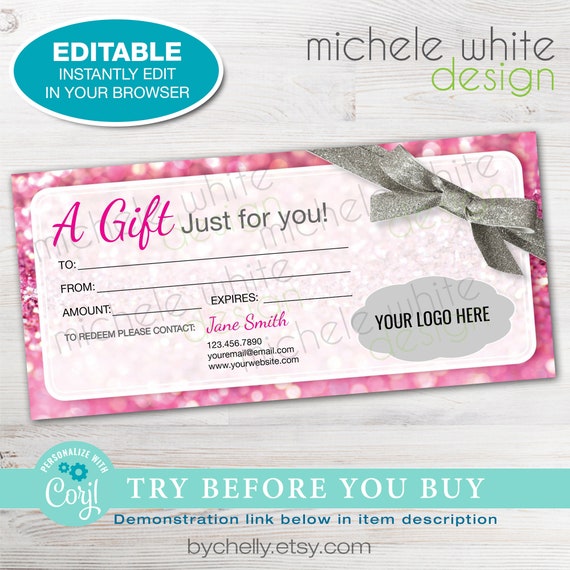 Gift Certificate Editable Template Add Your Logo Shop Etsy