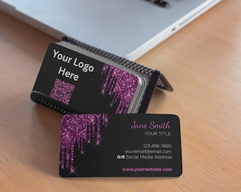 Plantilla de tarjeta de presentación con purpurina rosa editable en Canva. Tarjeta de presentación brillante. Descarga instantánea.