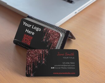 Plantilla de tarjeta de presentación con purpurina roja, tarjeta de presentación imprimible, diseño de tarjeta con destellos rojos, tarjeta de presentación editable, descarga instantánea, digital