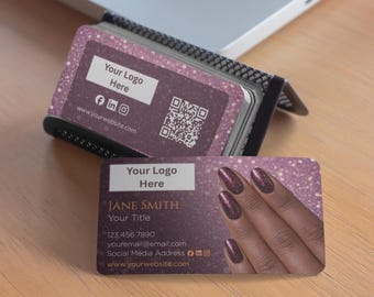 Plantilla de tarjeta de presentación para salón de uñas / Editable en Canva con purpurina morada / Descarga instantánea
