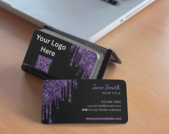 Plantilla de tarjeta de presentación con purpurina / Editable en Canva con purpurina morada / Tarjeta de presentación brillante / Descarga instantánea