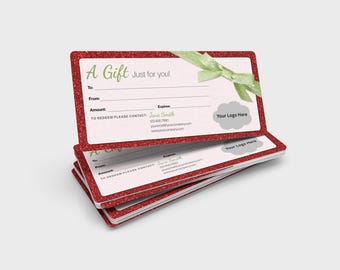 Plantilla de vale de regalo con purpurina roja, diseño imprimible (digital)