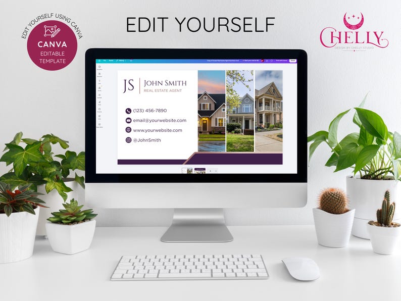 Real Estate Agent Business Card Template, Purple House Canva Card