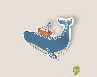 Nautical Whale Sailboat Hat Sticker: Ocean-Inspired Vinyl Decal for Laptops, Water Bottles, and Journals