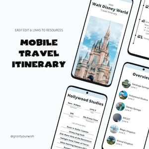 Modelo de itinerário de viagem Disney para celular | Planejador de viagem editável e imprimível para férias na Disney | Modelo editável no Canva