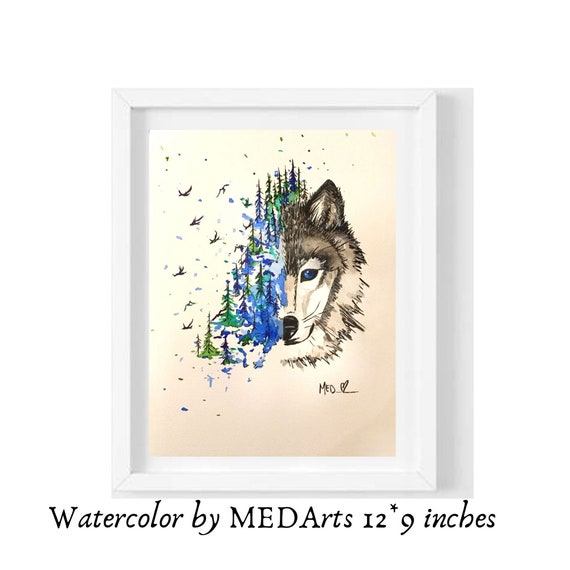 Watercolor Of A Half Wolf Face Modern And Minimalist Pine Tree Etsy