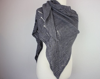 Hand-knitted asymmetrical scarf with hole pattern and cable pattern dark grey