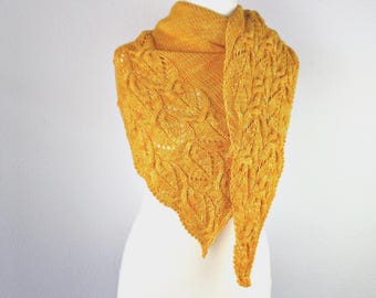 Knitting Pattern Triangle Shawl Sunflowers – Asymmetric Lace and Cable Shawl with Leaf Pattern, PDF in English and German